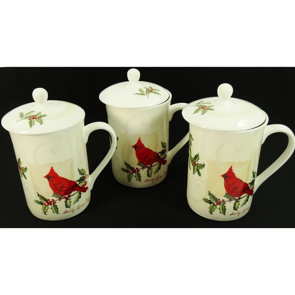 Christmas Cardinal Coffee Mugs Cups Set of 3 Lidded Sandy Clough Skye McGhie